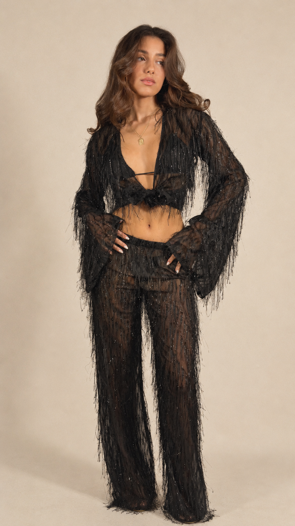 JACO ensemble cache-maillot noir brillant à franges