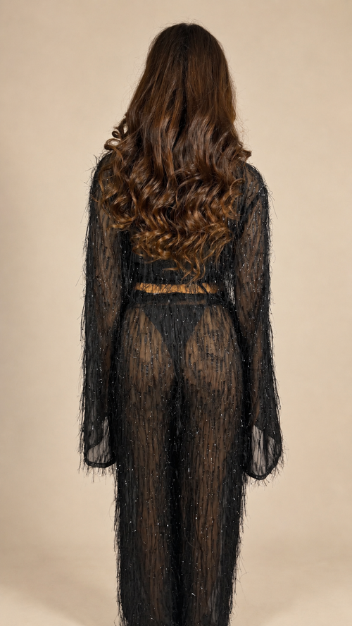 JACO ensemble cache-maillot noir brillant à franges