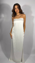 MAHÉ strapless white satin maxi dress