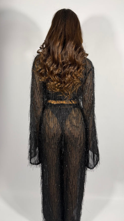 JACO shiny black fringe cover-up